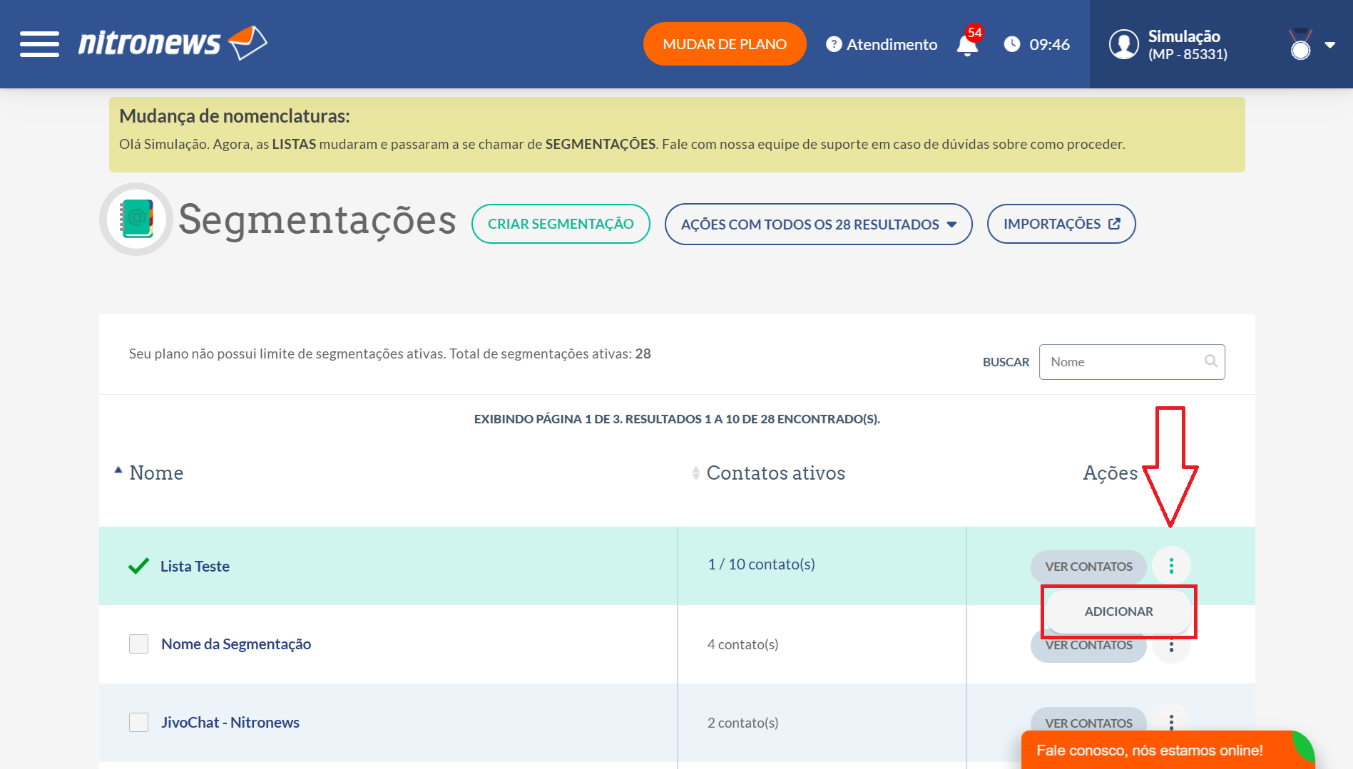 Adicionar contatos Lista Teste