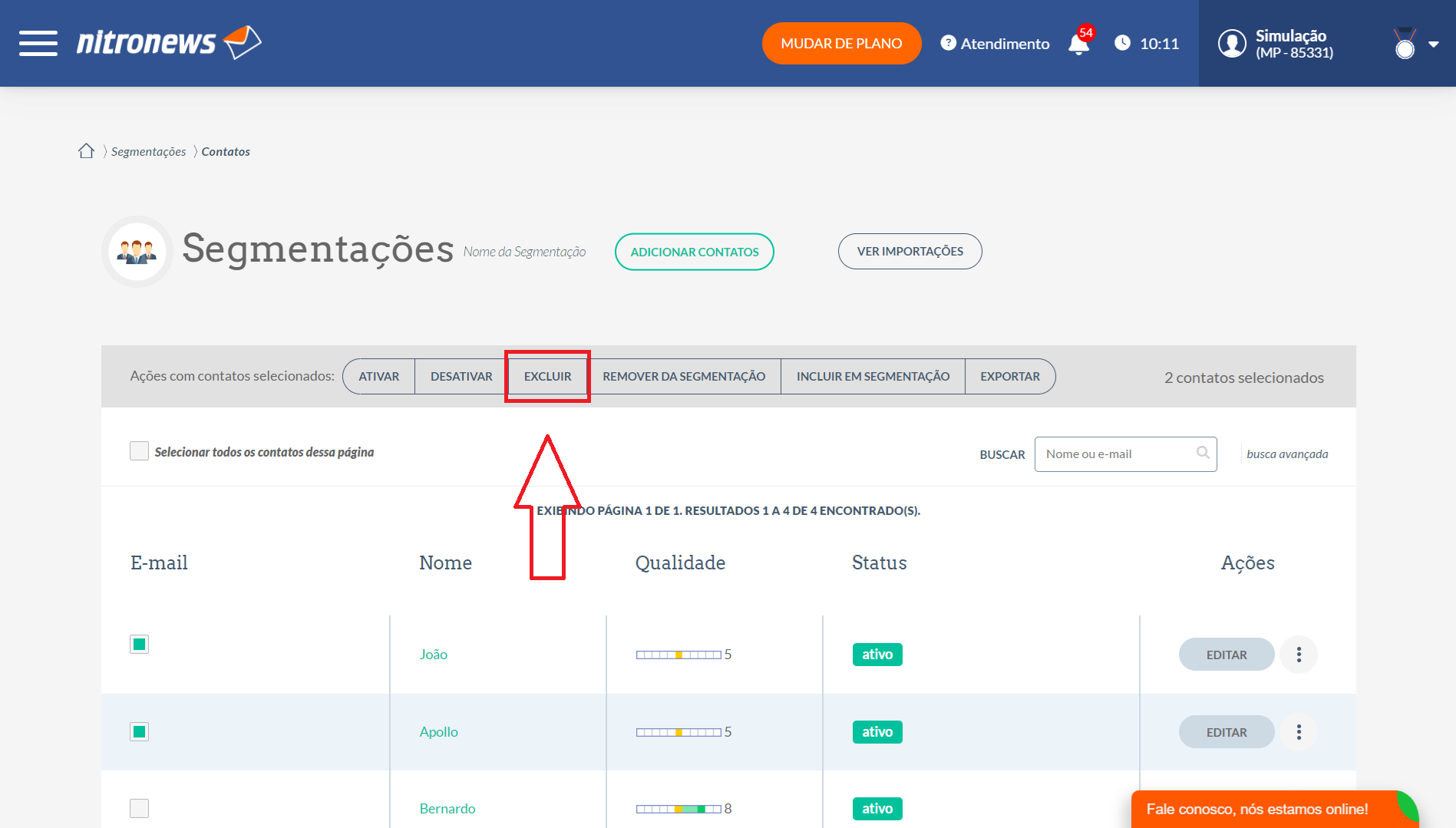 Excluir contatos segmentação