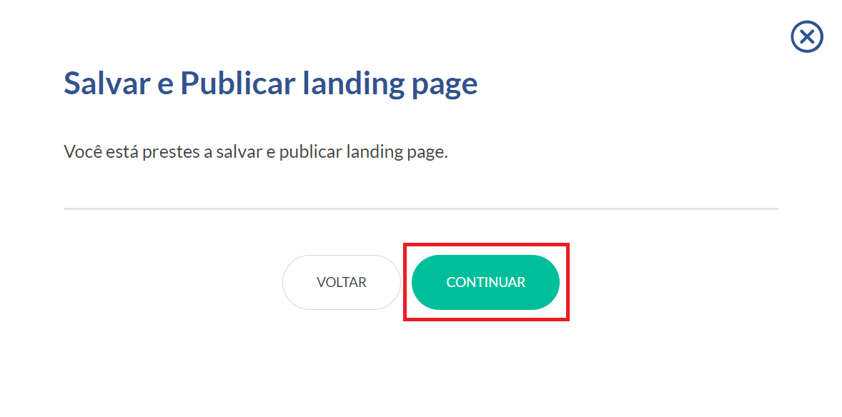 Confirmar salvar e publicar landing page