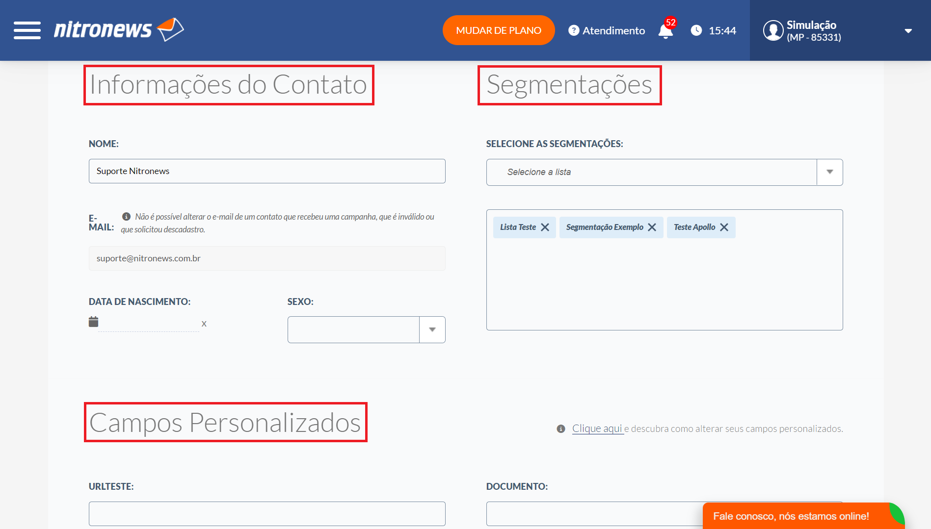 Edição de informações do contato