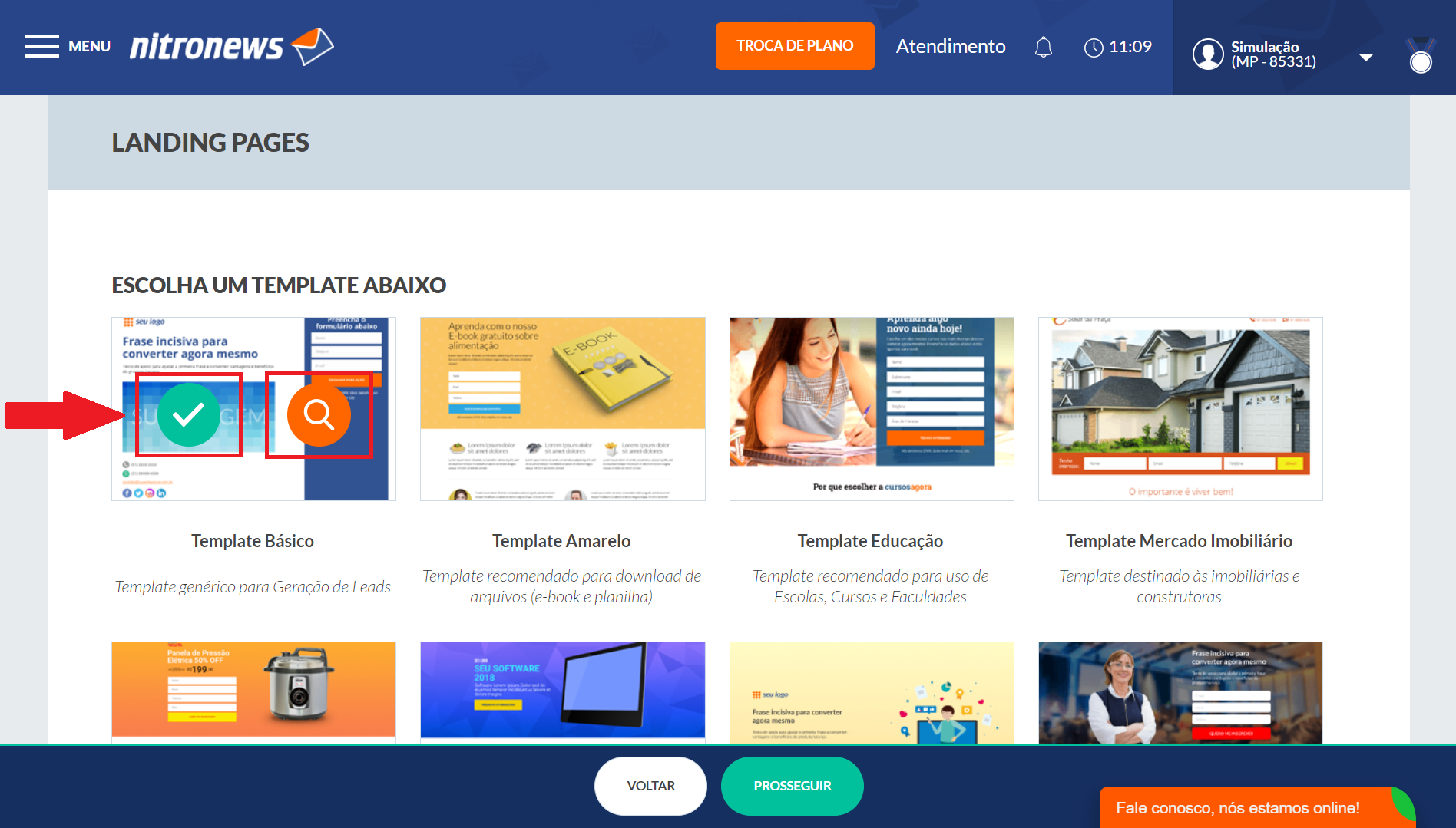 Selecionar modelo landing page