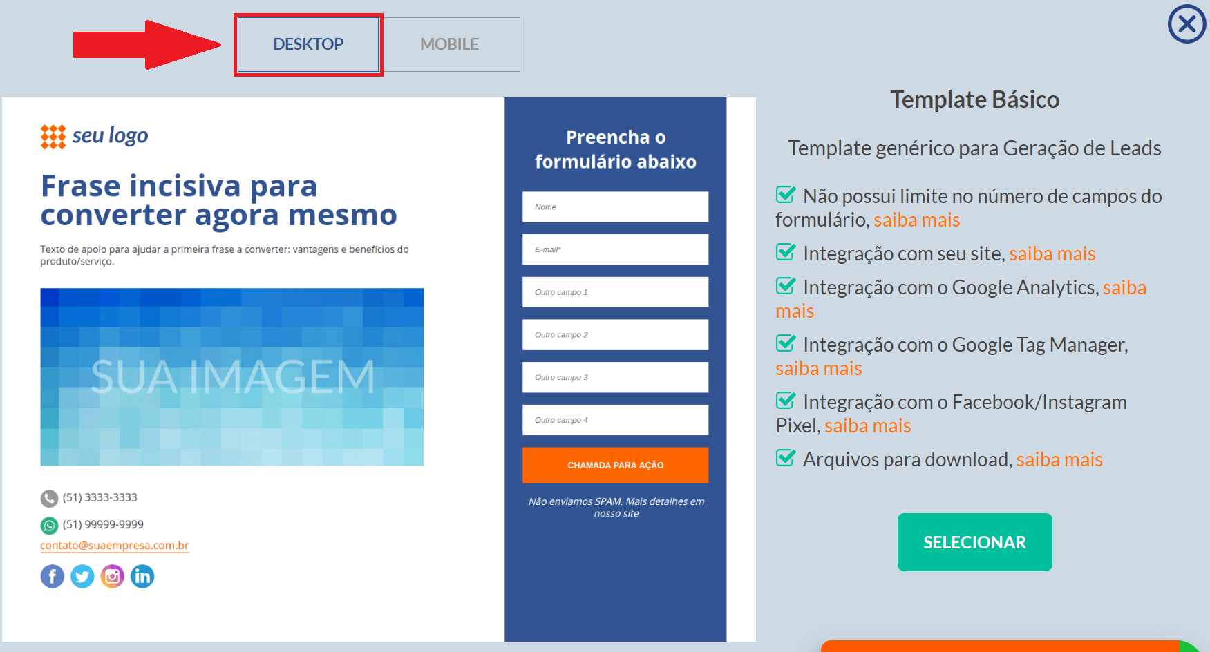 Visualizar modelo desktop landing page