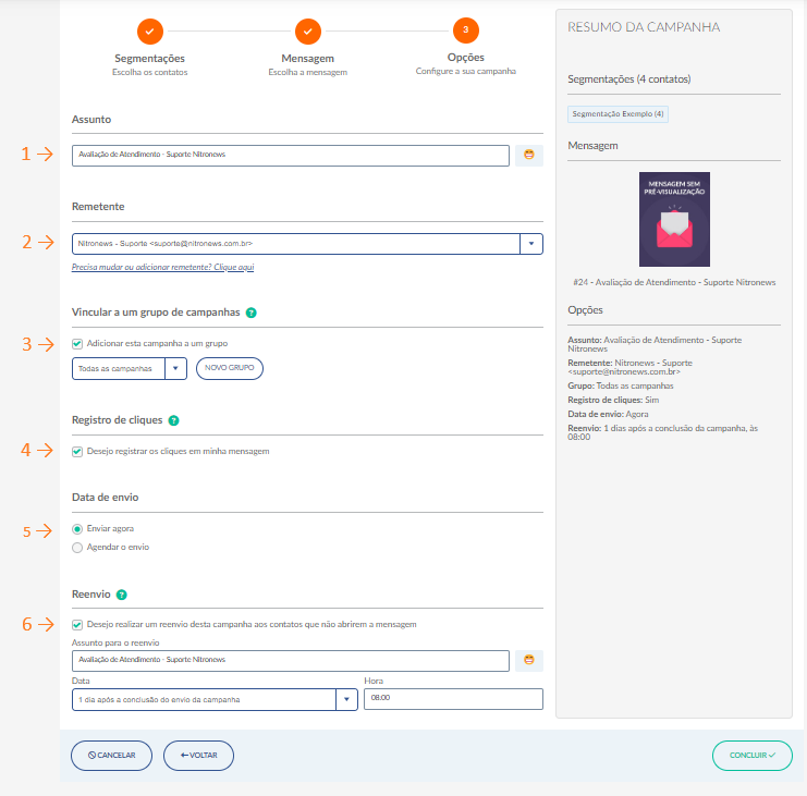 opcoes configure sua campanha