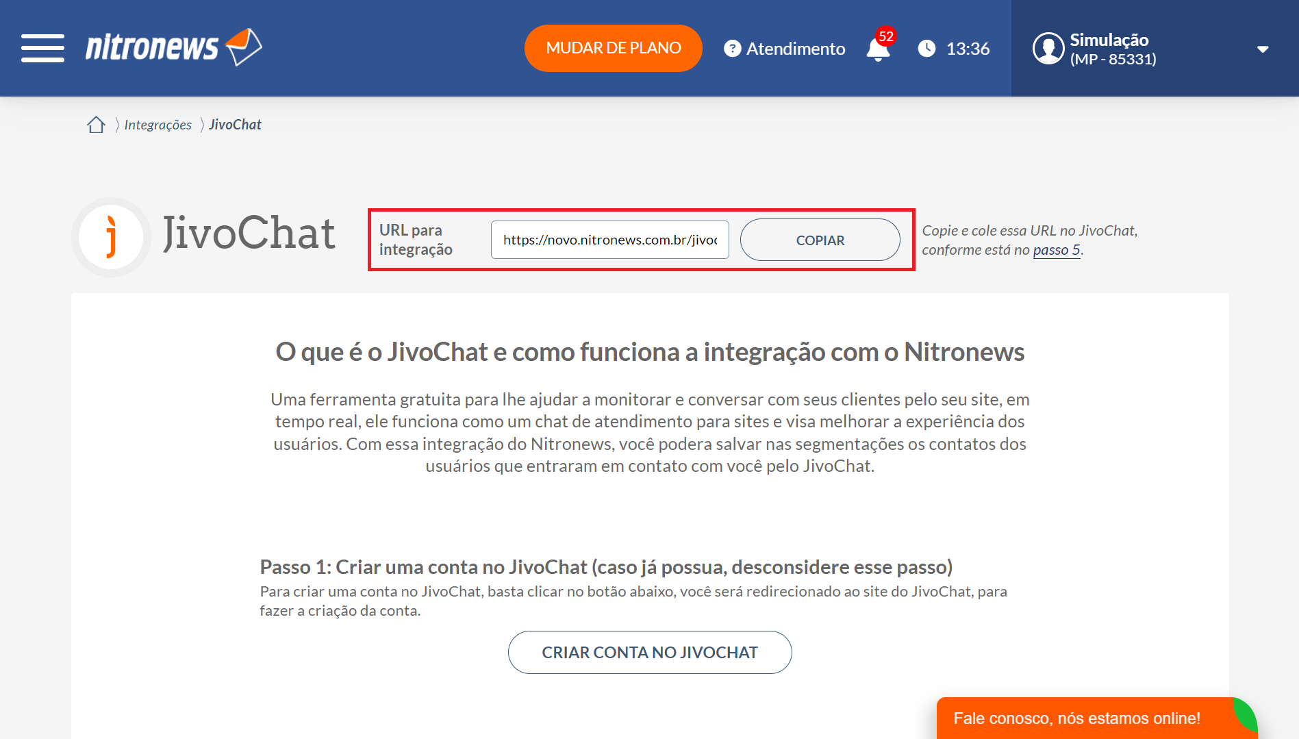 Copiar URL de integração JivoChat