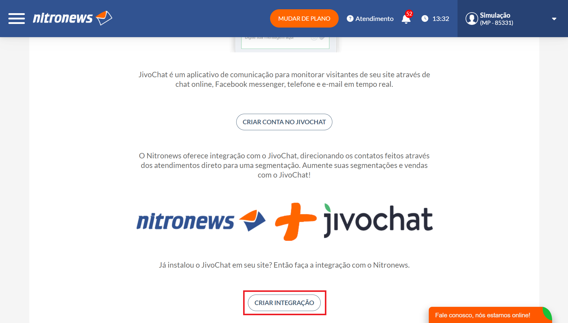 Criar integração JivoChat